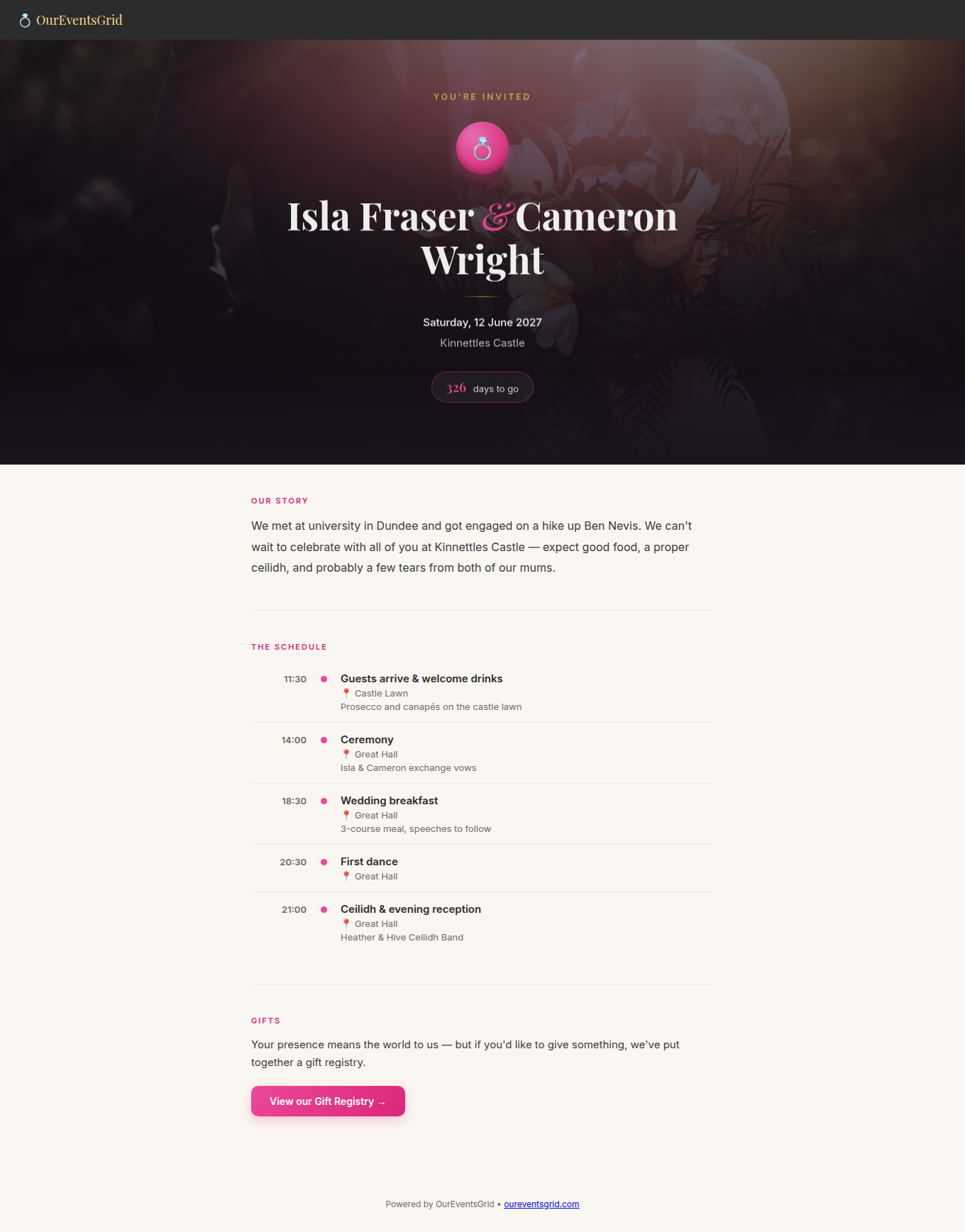 A public wedding website page with hero photo, schedule and gift registry link